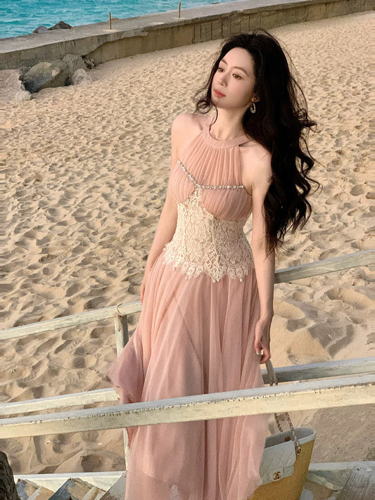 Simple A Line Scoop Pink Chiffon Lace Inspiration Long Wedding Party Guest Dresses N2081