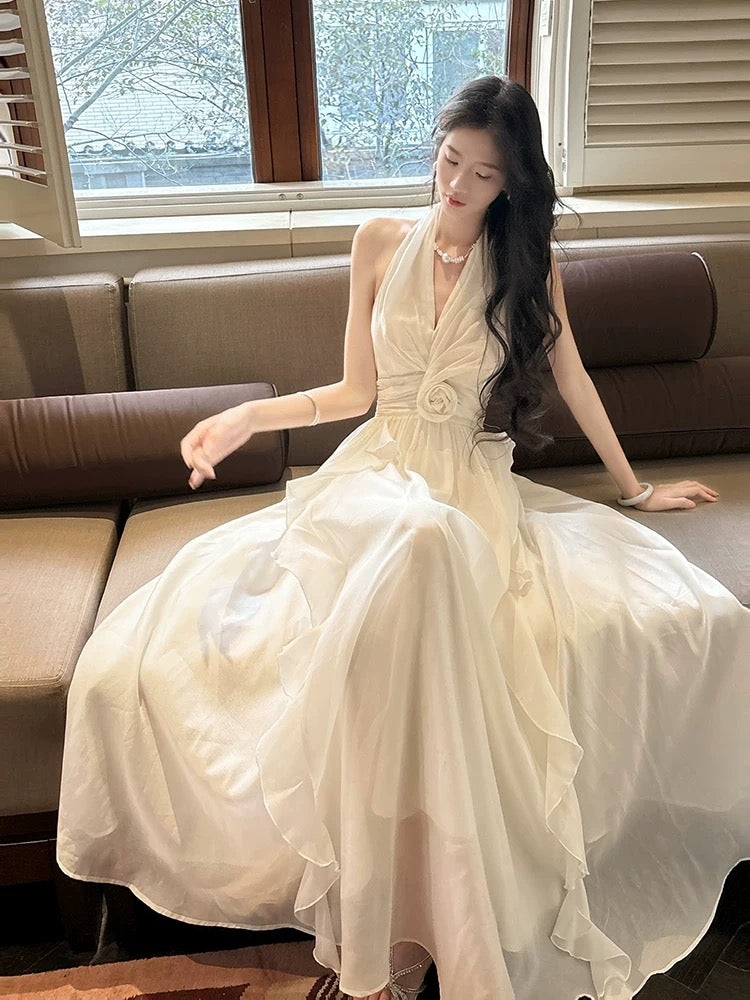Simple A line Halter Chiffon Ivory Inspiration Long Wedding Party Prom Guest Dresses N2082