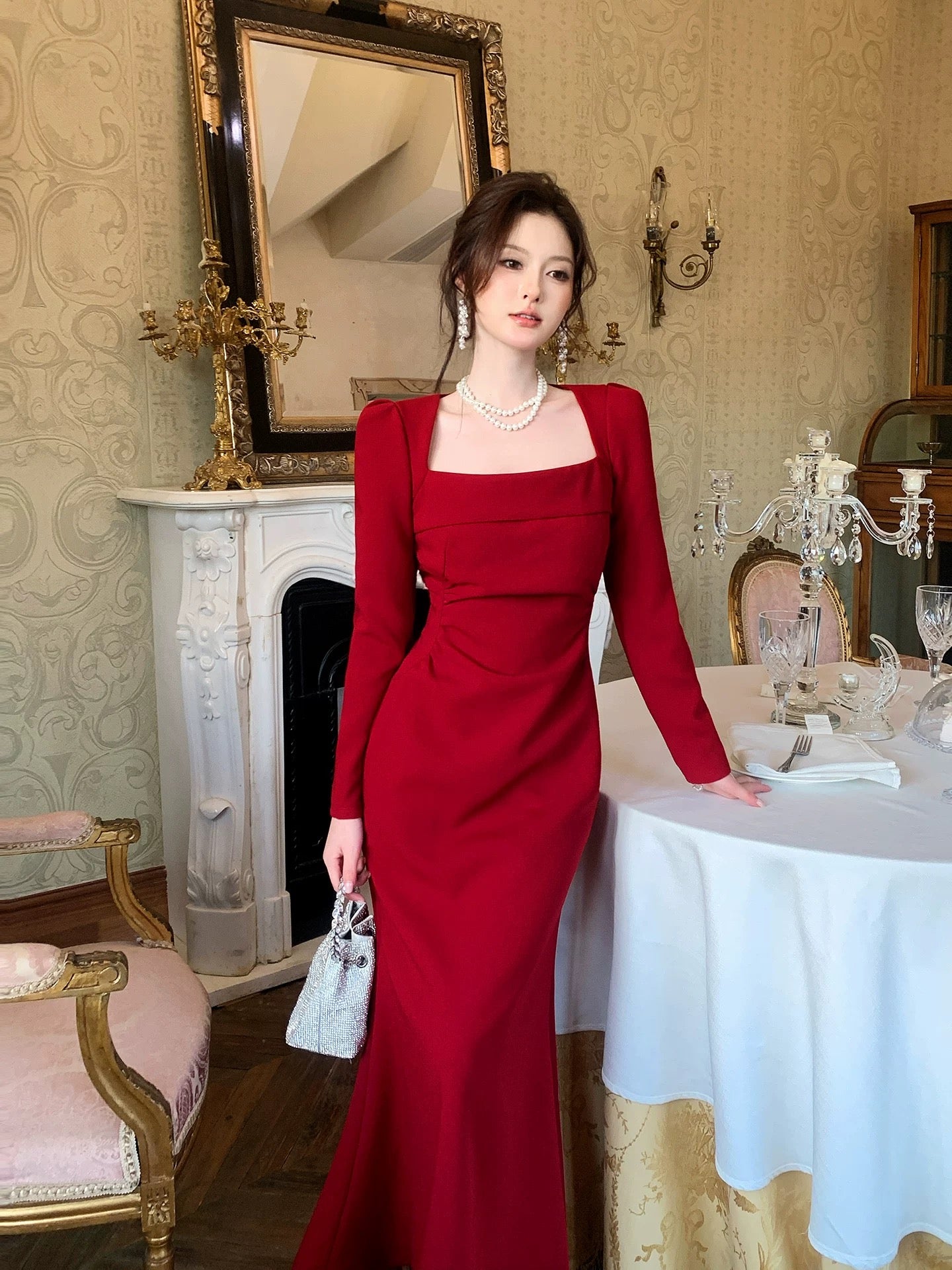 Modest French Style Mermaid Square Red Satin Fashion Women Long Formal Outfits Prom Dresses N2088