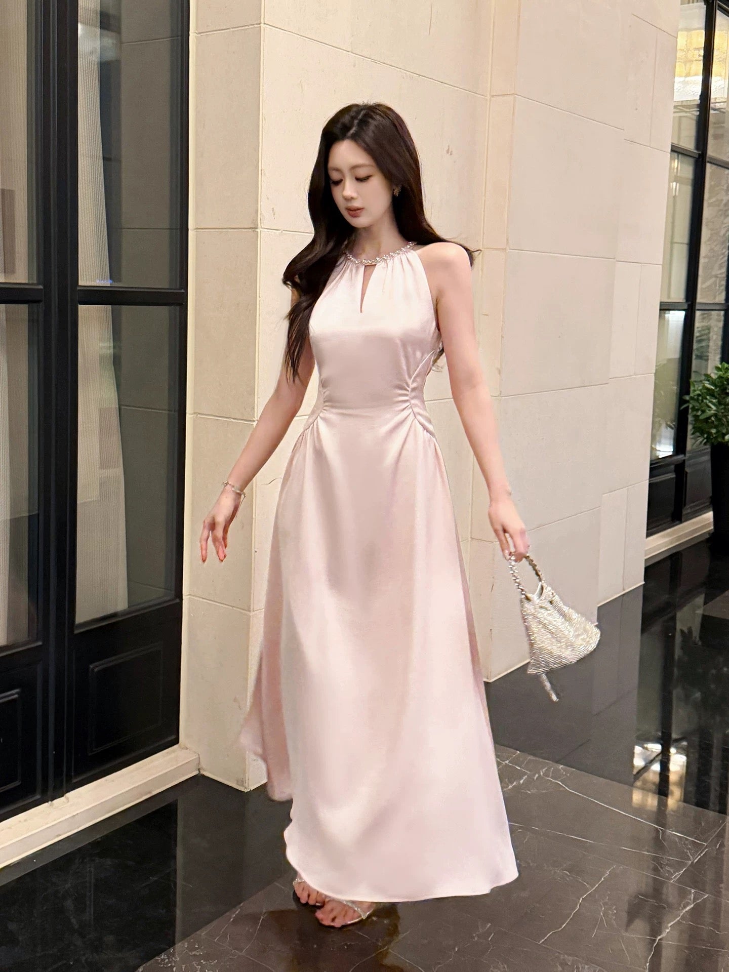 Simple A line Satin Pink Scoop Inspiration Long Wedding Party Prom Guest Dresses N2096
