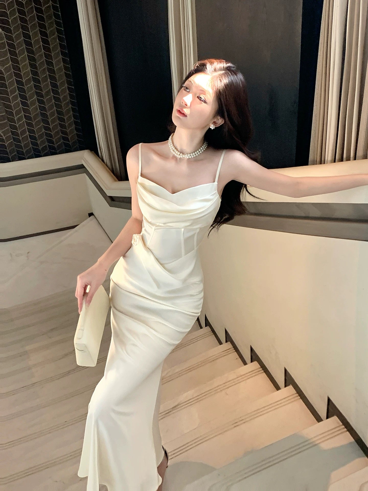 Cute Mermaid Spaghetti Straps Ivory Satin Long Beach Spring Summer Garden Inspiration Wedding Party Guest Dresses N2201