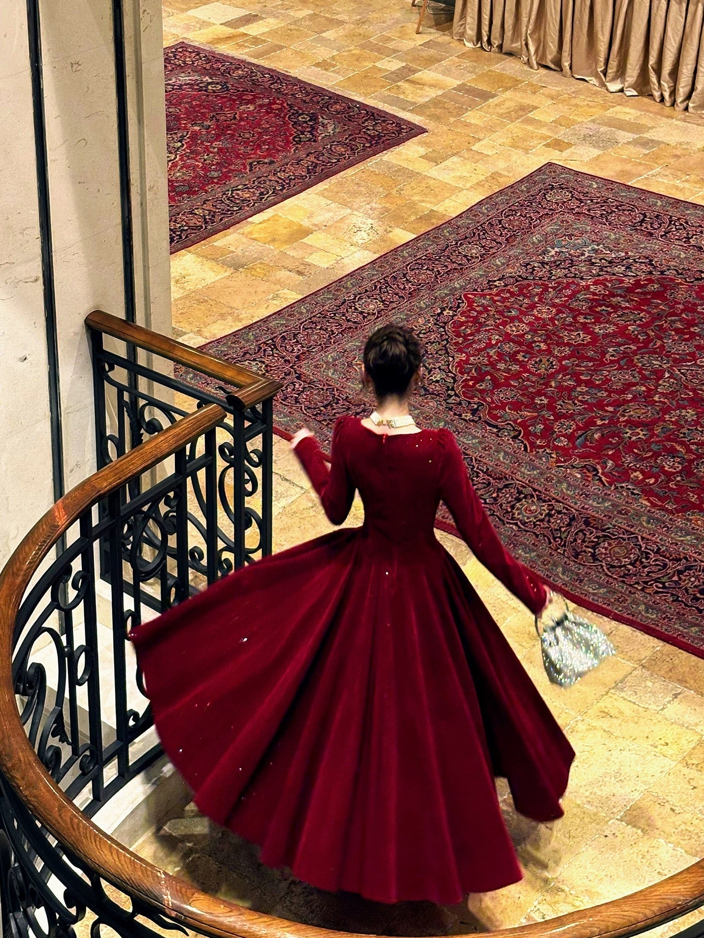 French Style A Line Square Neck Burgundy With Long Sleeves Summer Formal For Women Teens Prom Dresses N2218