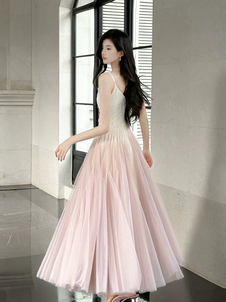 Classy A Line Spaghetti Strap Pink Tulle Long For Women Girls Teens Prom Dresses N2219