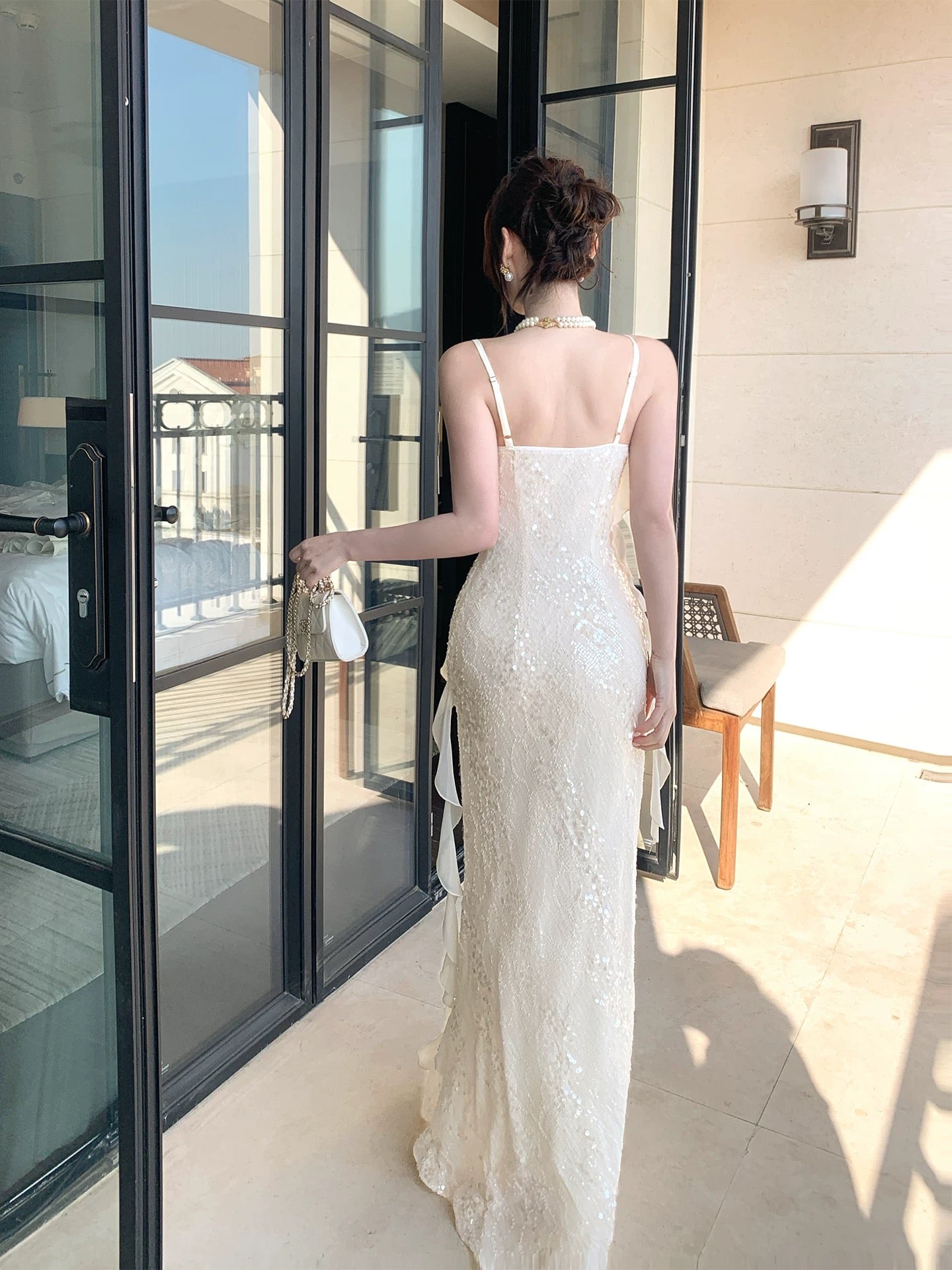 Simple Mermaid Spaghetti Strap White Sequin Summer Formal For Women Girls Teens Prom Dresses N2226