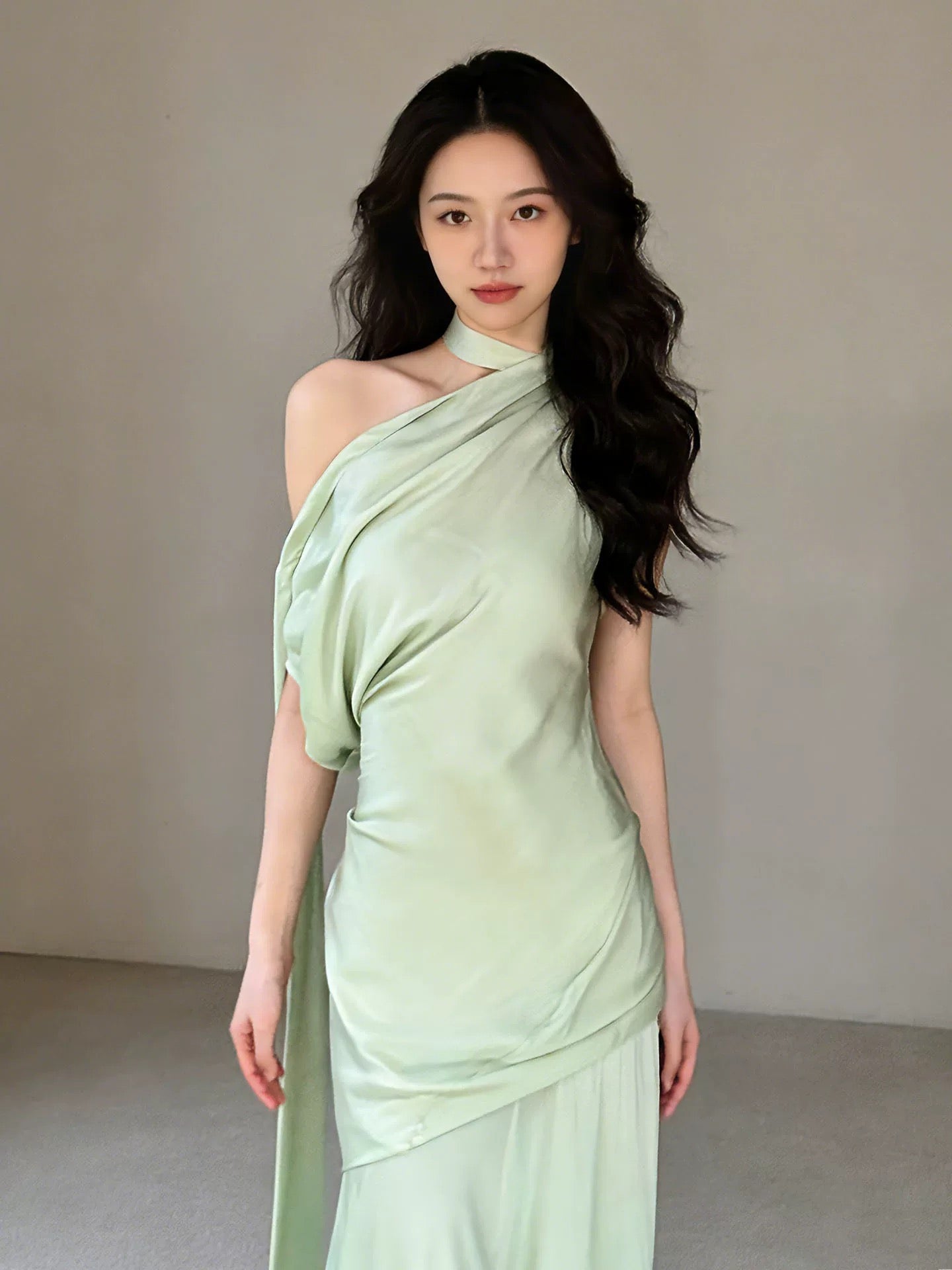 Classic Mermaid One Shoulder Sage Green Satin Inspiration Long Wedding Guest Dresses N1673