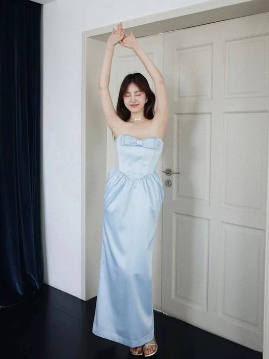 Classic A Line Strapless Blue With Pockets Satin Inspiration Long Wedding Guest Dresses N1675