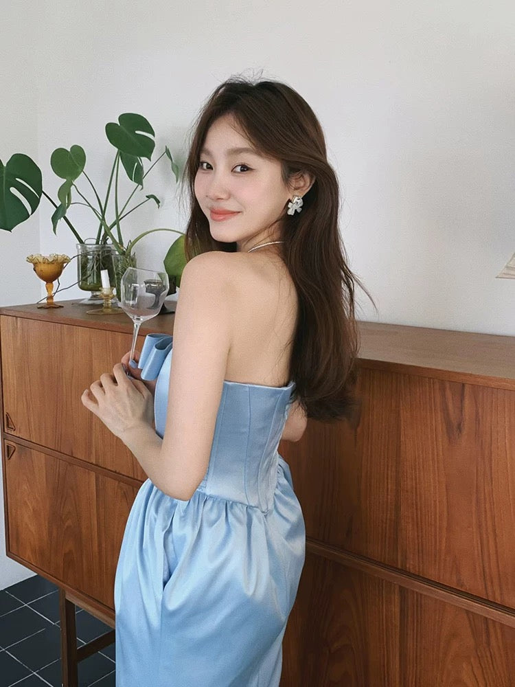 Classic A Line Strapless Blue With Pockets Satin Inspiration Long Wedding Guest Dresses N1675