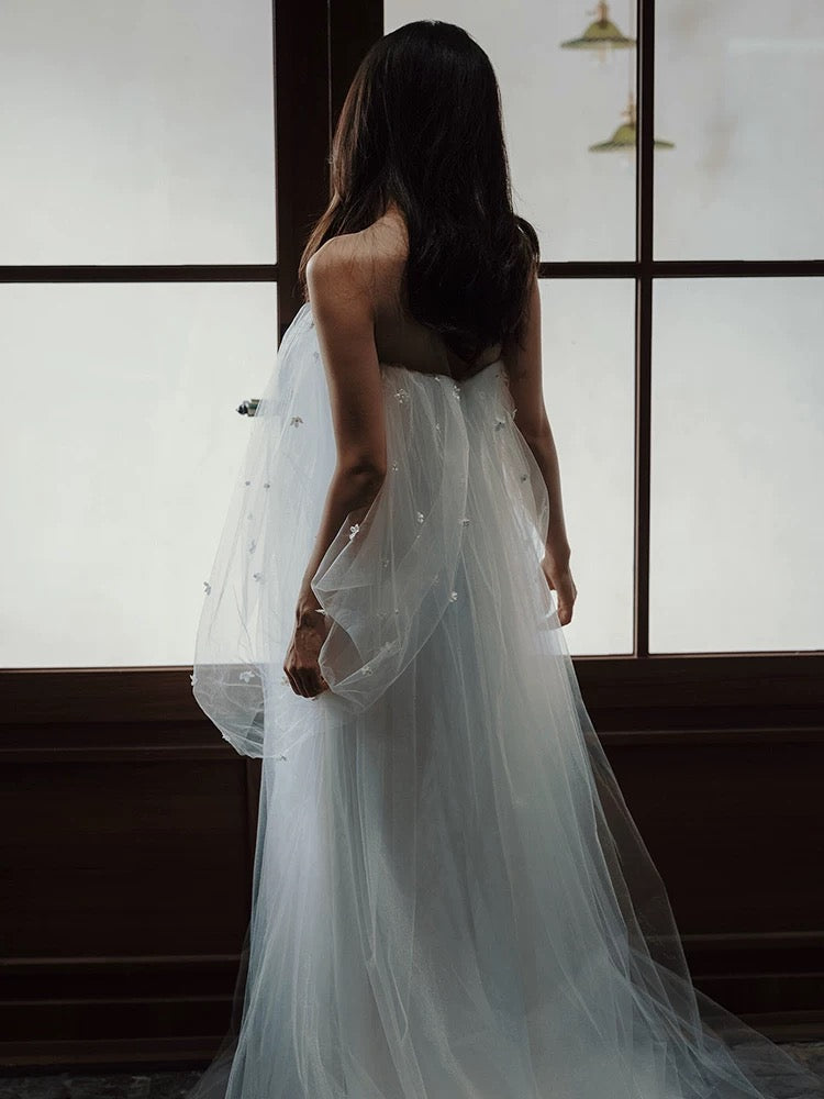 Fairytale Fantasy Art Wedding Dresses A Line Off The Shoulder Tulle With Sleeves Long Brides Dress Bridal Gowns N1681