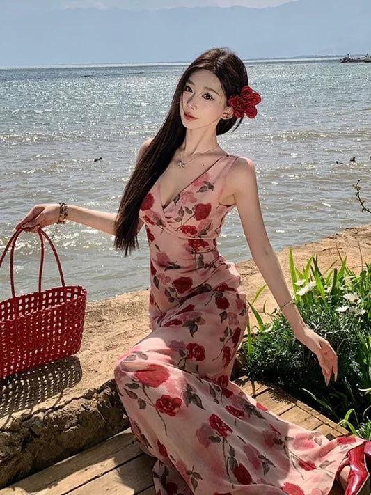 Modest A Line V Neck Floral Chiffon Sleeveless Long Birthday Dresses Party Holiday Summer Outfits N3143