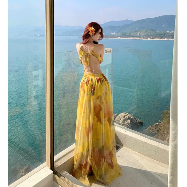 Modest A line Floral Chiffon Ideas For Women Backless Long Birthday Dresses Beach Holiday Summer Outfits N3148