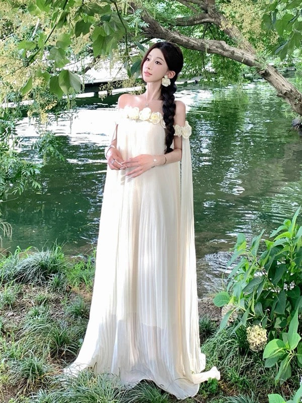 Simple A line Off The Shoulder White Chiffon Ideas For Women Long Birthday Dresses Beach Holiday Summer Outfits N3149
