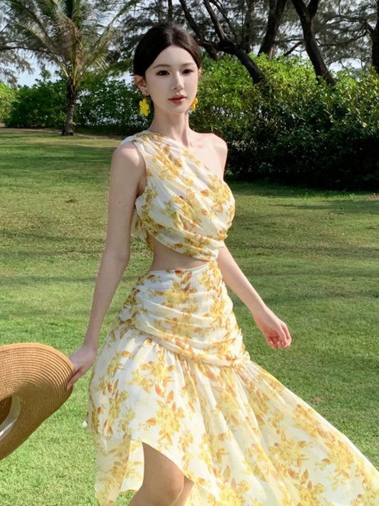 Modest Mermaid One Shoulder Yellow Floral Chiffon Ideas For Women Long Birthday Dresses Beach Holiday Summer Outfits N31450