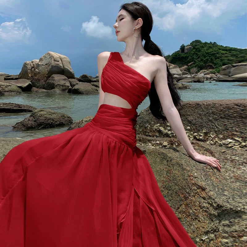 Modest Mermaid One Shoulder Yellow Floral Chiffon Ideas For Women Long Birthday Dresses Beach Holiday Summer Outfits N31450
