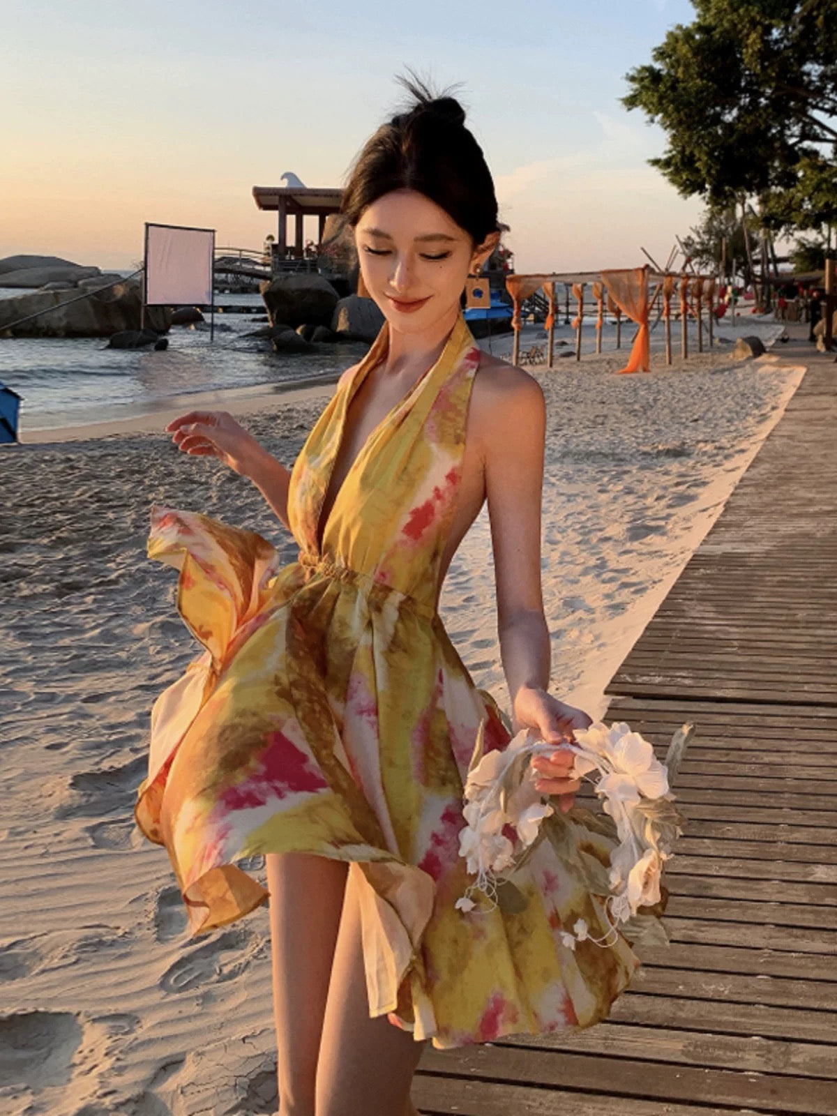 Modest A Line Halter Yellow Chiffon Ideas For Women Backless Short Bir – RubyFashionDress