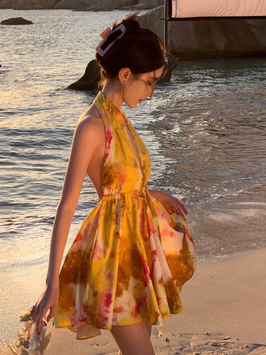 Modest A Line Halter Yellow Chiffon Ideas For Women Backless Short Birthday Dresses Beach Holiday Summer Outfits N3157