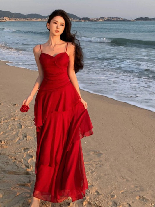 Sexy Mermaid Spaghetti Strap Red Chiffon With Ruffled Date Floor Length Night Birthday Outfit Formal Prom Dresses RB5678