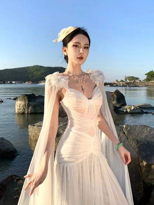Mystical Mermaid Sweetheart White Chiffon Sleeveless Date Night Outfits Formal Prom Gown 17th Birthday Dresses RB5688