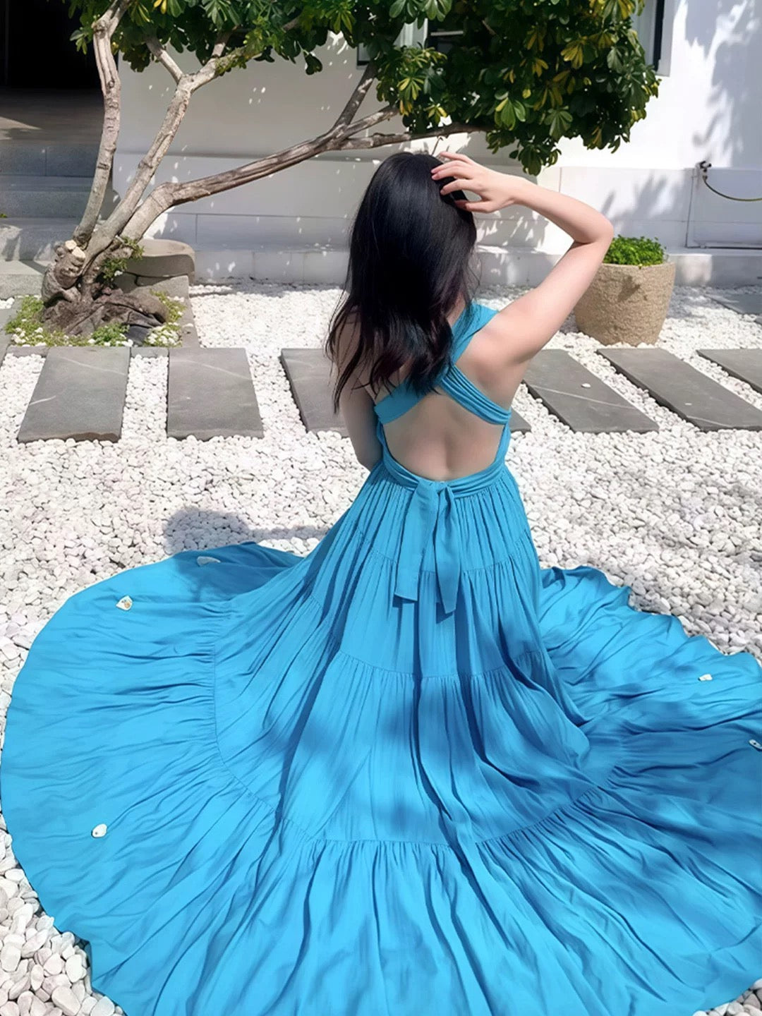 Mystical A line Halter Backless Blue Chiffon Date Night Evening Birthday Outfit Formal Prom Dresses RB5695