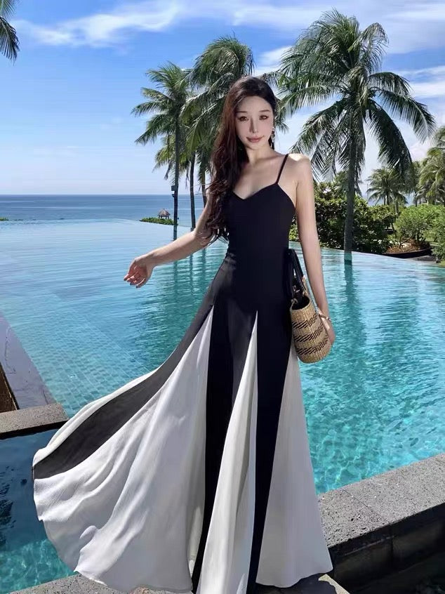 Sexy A line Black Tie Dress Strapless White Long Chiffon Date Night Outfits Semi Formal Prom Wedding Guest Dresses RB5381