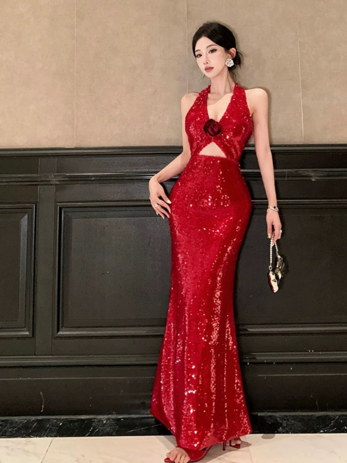 cruise ship dinner dresses Simple Mermaid Halter Red Sequin Formal Night Evening Dres – RubyFashionDress Zapakasa Women Gold and Women's Clothing Size:Small feature_Corset