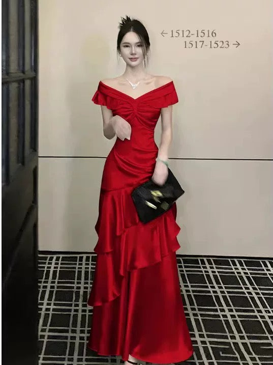 Sexy Mermaid Off The Shoulder Burgundy With Ruffled Date Night Outfits Long Formal Evening Wedding Guest Dresses RB5402