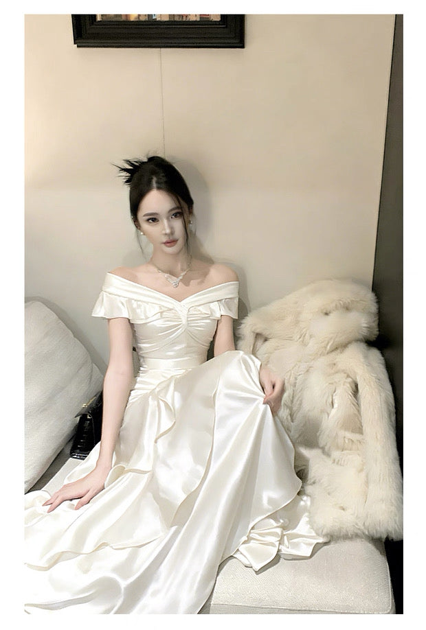 French Style Mermaid Off The Shoulder White Date With Ruffled Night Evening Outfit Formal Prom Dresses RB5401