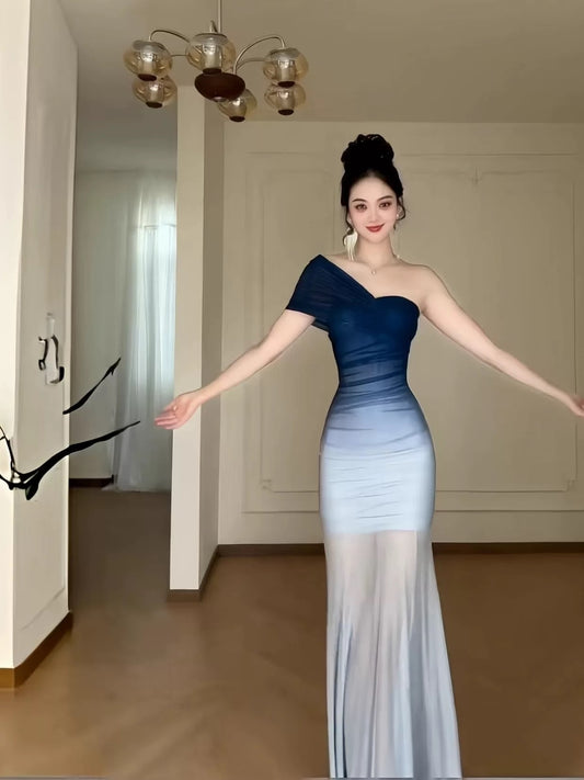 Sexy Mermaid Off The Shoulder Gradient Blue Colors Chiffon Date Night Evening Outfit Formal Prom Dresses RB5416