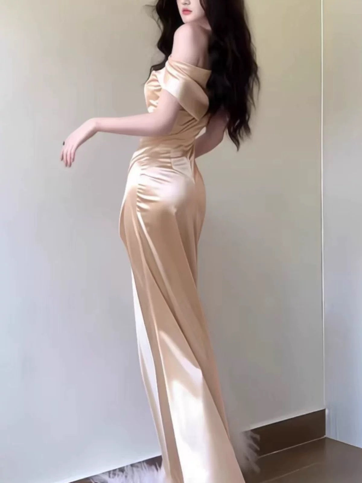 Simple Mermaid Off The Shoulder Gold Satin Date Floor Length Night Evening Outfit Formal Prom Dresses RB5498