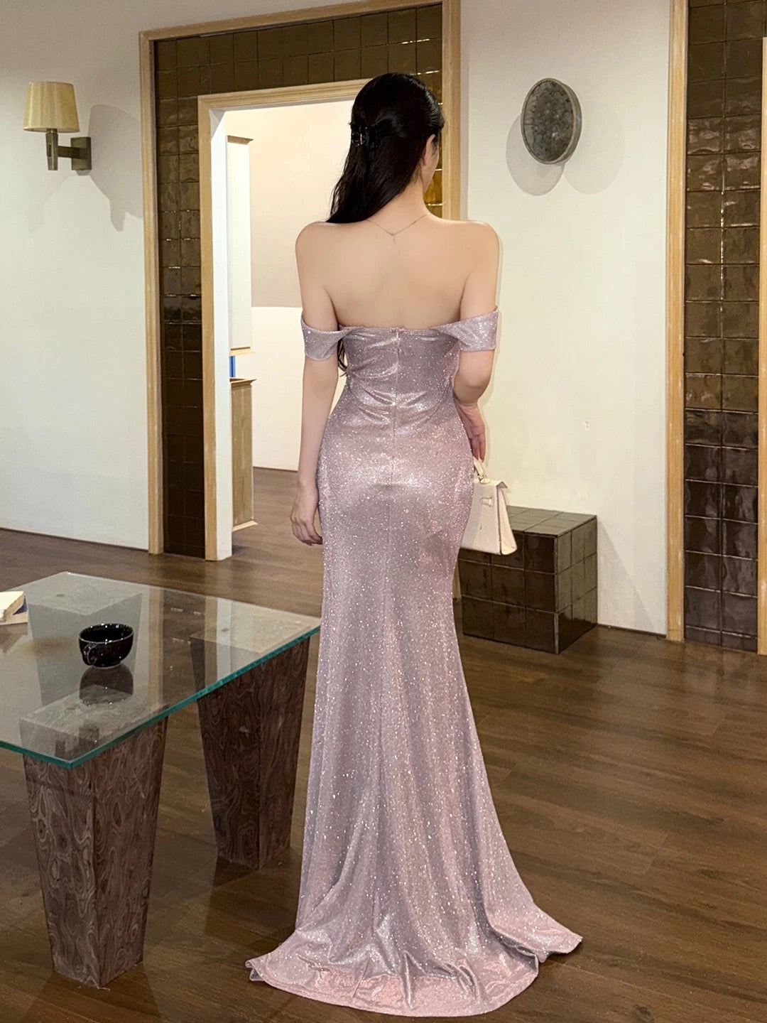 Modest Mermaid Off The Shoulder Pink With Ruffled Long Cruise Ship Formal Night Evening Dresses 18th Birthday Outfits RB5622
