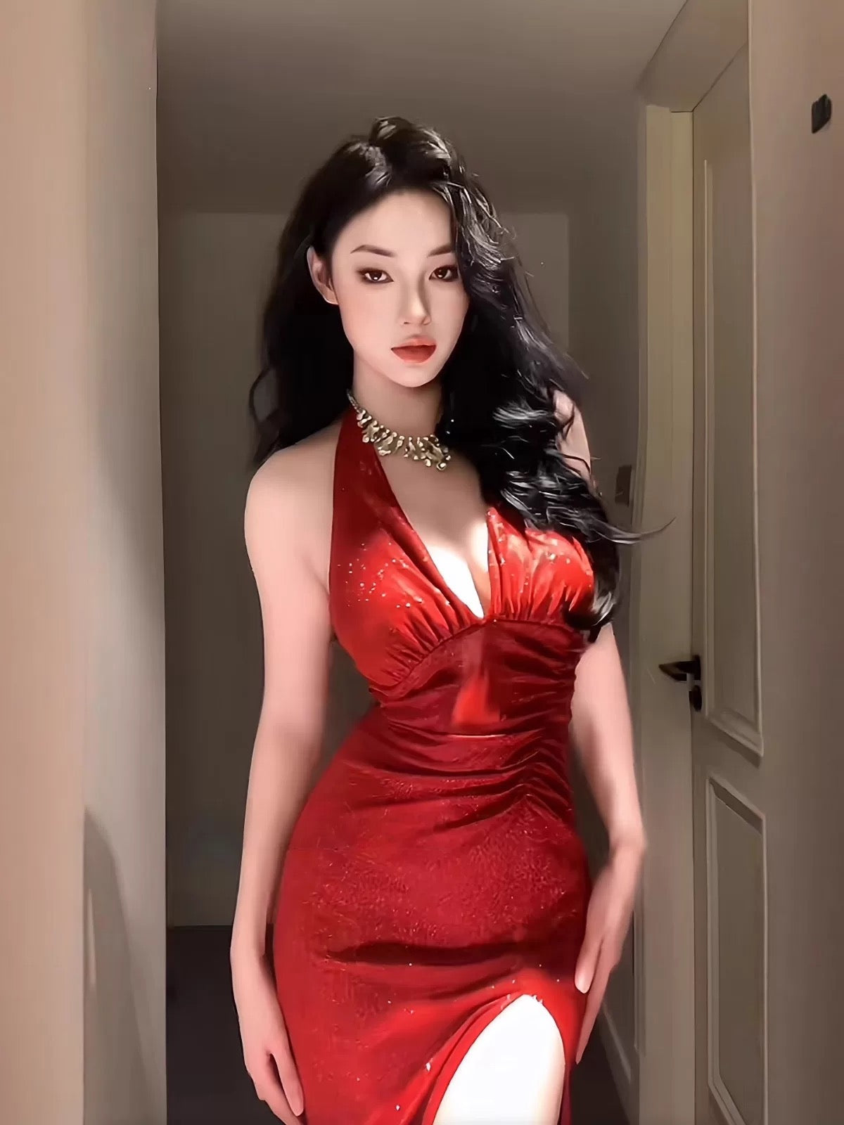 Delicate Mermaid V Neck Halter With Ruffled Long Slit Red Cruise Ship Formal Night Evening Dresses 17th Birthday Outfits RB5651