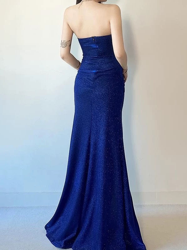 Sexy Mermaid Strapless Royal Blue Sequin With Split Date Night Evening Outfit Formal Prom Dresses RB5422