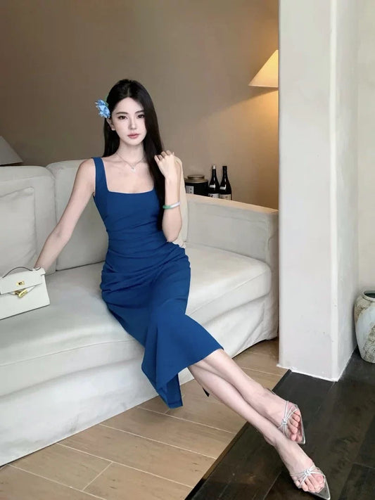 Simple Sheath Square Neck Royal Blue With Ruffle Date Midi Length Night Birthday Outfit Formal Prom Dresses RB5467