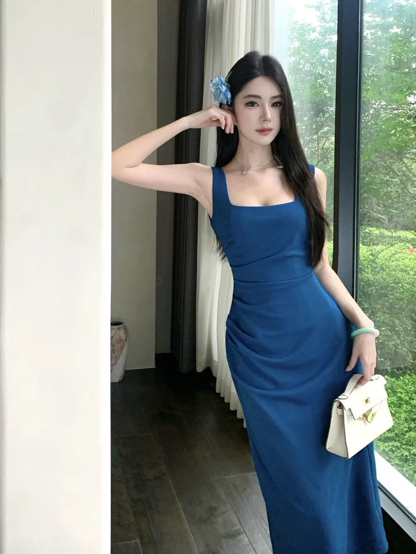 Simple Sheath Square Neck Royal Blue With Ruffle Date Midi Length Night Birthday Outfit Formal Prom Dresses RB5467