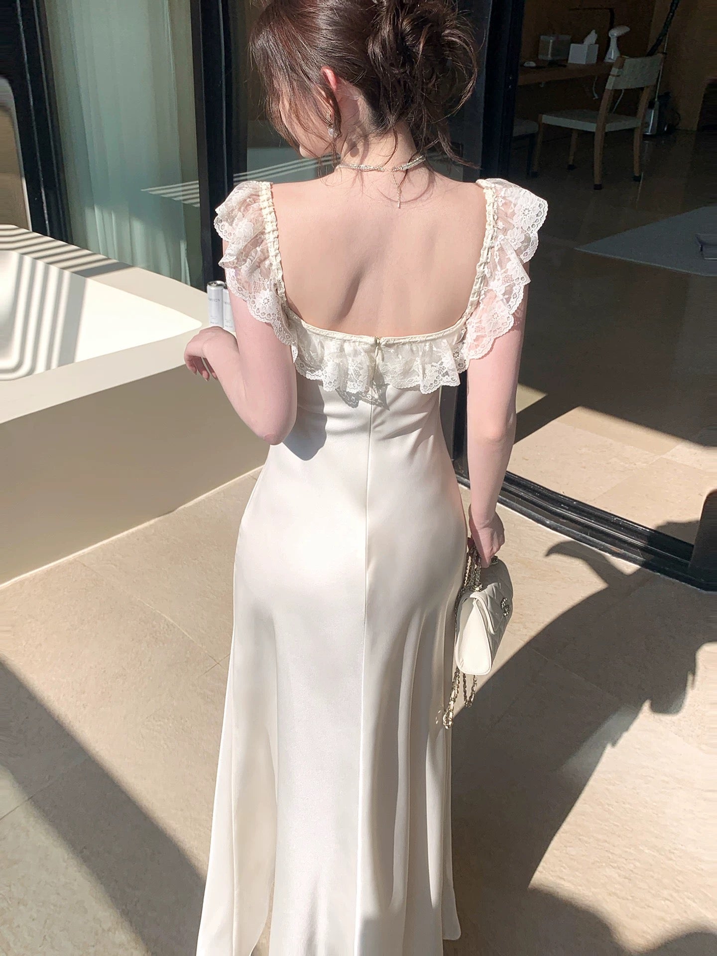 Modest Mermaid Square Neck White Satin Sleeveless Spring Summer Event Outfits Wedding Guest Dresses RB3850