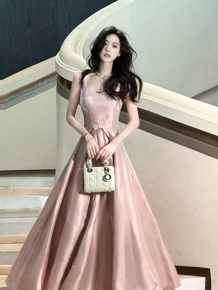 Pretty A line Square Neck Pink Spring Floral Summer Event Outfits Wedding Guest Dresses RB3878