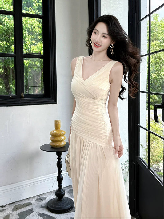 Sparkly Mermaid V Neck Chiffon With Folded Sleeveless Date Night Outfits Outdoor Semi Formal Long Wedding Guest Dresses RB5053