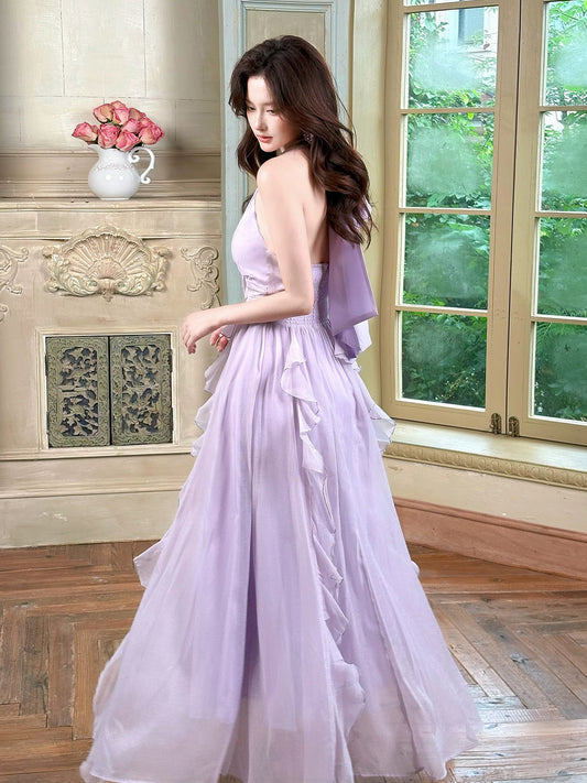 Timeless A line Halter Lilac Chiffon With Ruffled Outdoor Semi Formal Garden Beach Event Outfits Wedding Guest Dresses RB5056