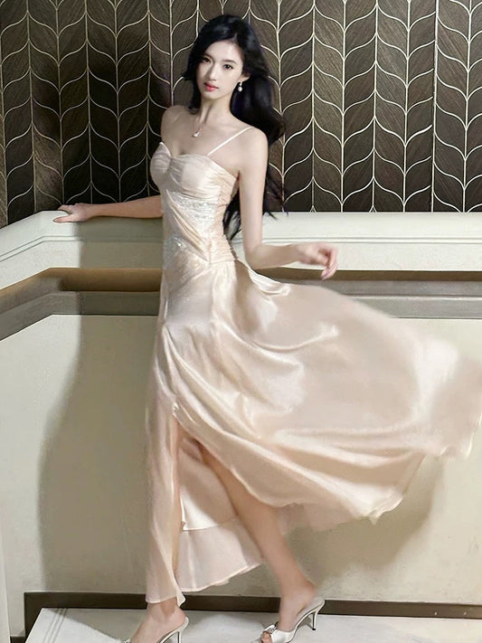 Pretty Mermaid Spaghetti Strap Pink Satin Ankle Length Maxi Semi Formal Garden Date Night Outfit Wedding Guest Dresses RB5085
