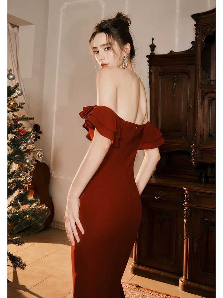 Pretty Mermaid Off The Shoulder Satin Burgundy Maxi Semi Formal Garden Date Night Outfit Wedding Guest Dresses RB5091