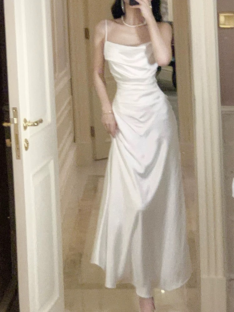 Dazzling A Line Spaghetti Strap White Satin With Ruffled Outdoor Semi Formal Garden Beach Event Outfits Wedding Guest Dresses RB5091