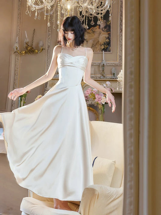 Unique Women's A Line Spaghetti Strap White Satin Maxi Dress Date Night Outfits Outdoor Semi Formal Wedding Guest Dress RB5096