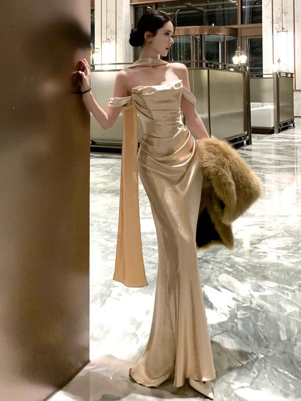 Stylish Mermaid Strapless Gold With Scarf Long Floor Length Evening Dresses Inspo Evening Outfits RB5113