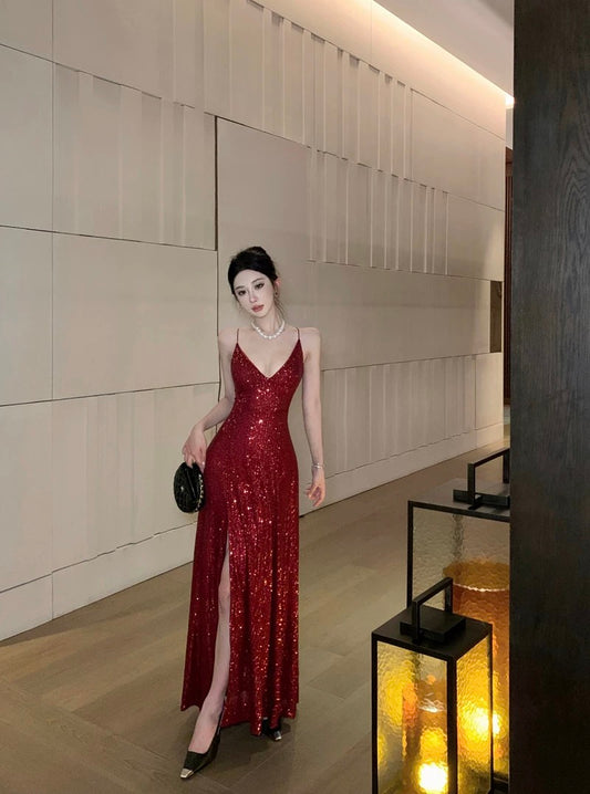 Sparkly A line Spaghetti Strap Sequin 18th Birthday Elegant Outfit Summer Long Slit Wedding Guest Dresses N4012