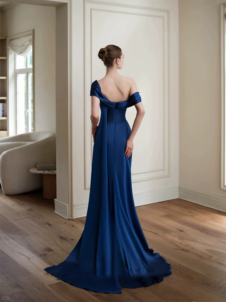 Modest Prom Dresses Mermaid One Shoulder Navy Blue Satin With Pleated Long Formal Dress N3160