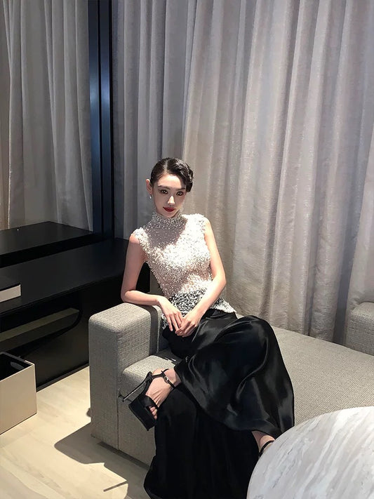 Sexy Prom Dresses Mermaid High Neck Black Velvet With Beading Long Formal Dress N3162