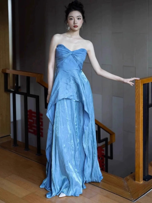 Simple Prom Dresses A Line Sweetheart Blue With Pleated Long Formal Dress N3163