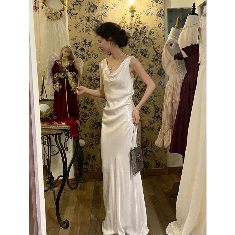 Unique Wedding Dresses Sheath Cowl Neck White Satin French Style Long Bridal Gown N3164
