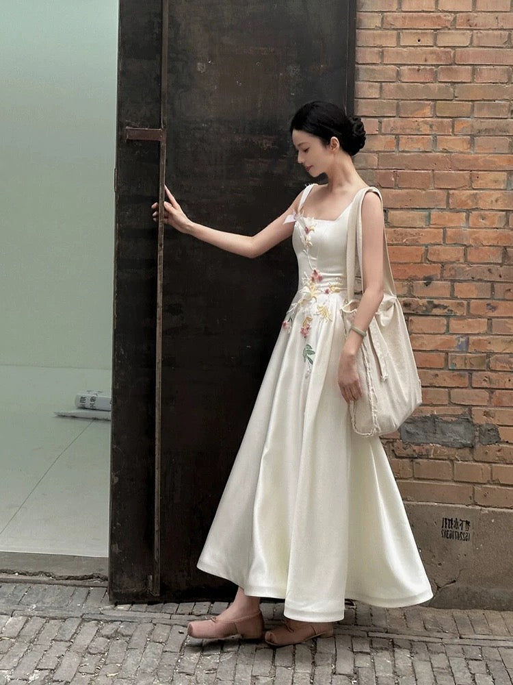 Simple Prom Dresses A Line Square Neck White Satin Ankle Length With Flowers Formal Dress N3166