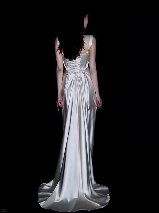 Unique Wedding Dresses Sheath Square Neck Satin White French Style Long Bridal Gown N3173