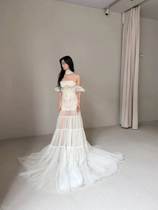 Unique Wedding Dresses Mermaid Strapless Tulle Lace White French Style Long Bridal Gown N3176